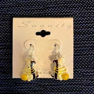 New Sunnity dangle hook earrings, featuring black & white dog.